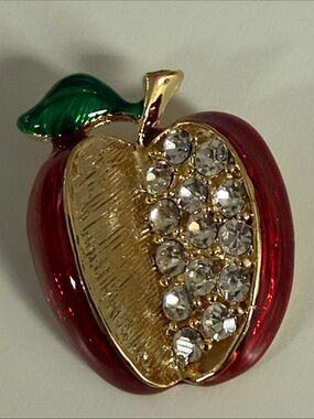 Gold-Tone Red Apple Crystal Brooch pin unusual design